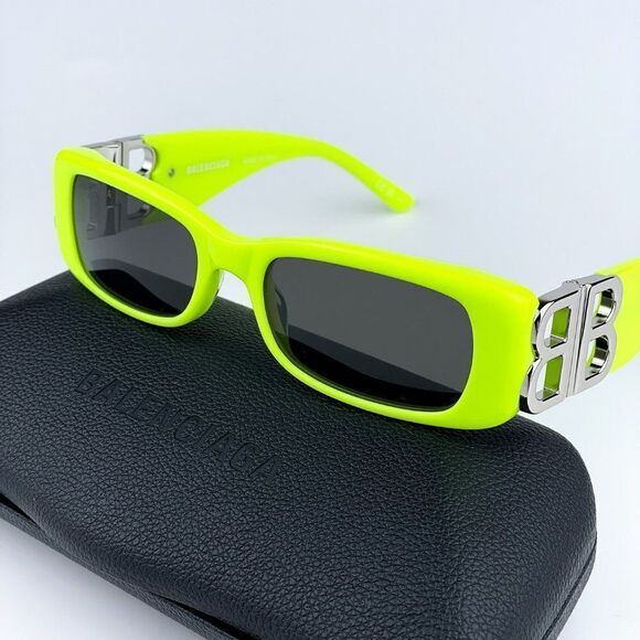 NEW BalenciagaBB0096S 008 Yellow Silver Logo Grey Square Unisex Sungla…
